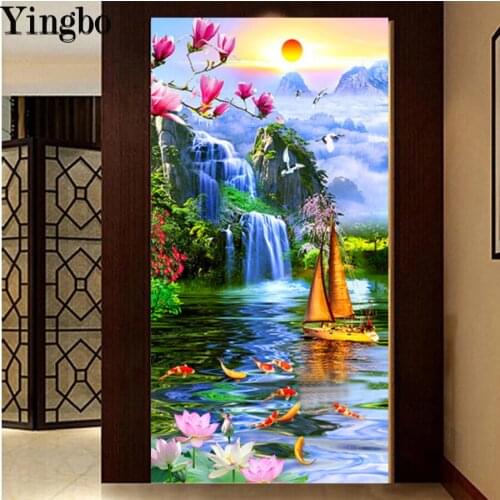 Large DIY Diamond Embroidery Waterfall Landscape 5d Full diamond painting Koi fish lotus Cross Stitch Mosaic puzzle Decoration