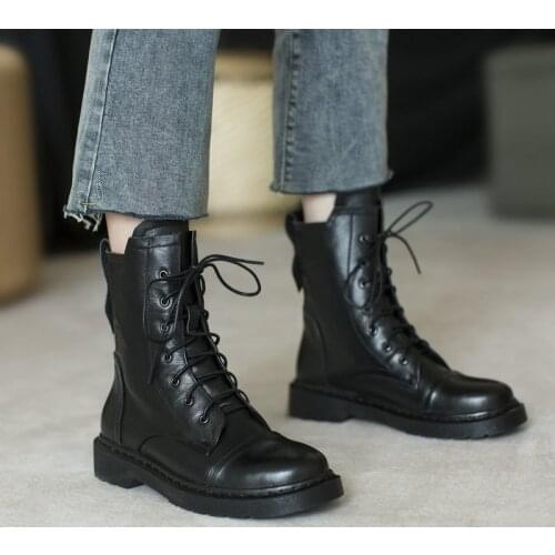 Fashion Women Ankle Boots Autumn Winter Warm Genuine Leather Low Heels Shoes Woman Round Toe Cross-tied Motocycle Boots