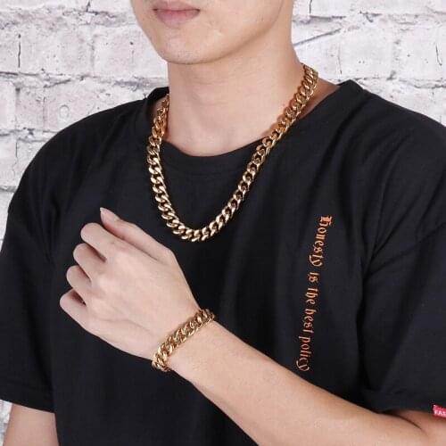 8MM Stainless Steel 18K Gold Cuban Link Chains Necklaces Bracelet set For Men Women Basic DIY Jewelry Choker Stout Cute Gifts