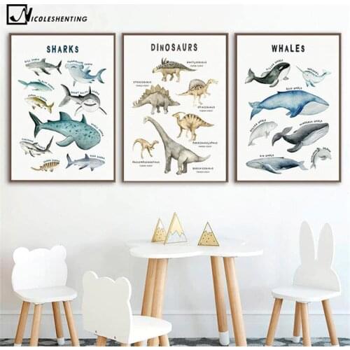 Child Poster Dinosaurs Whale Shark Marine Animal Nursery Canvas Art Print Education Wall Picture Painting Baby Kids Room Decor