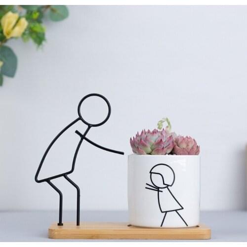 Nordic Style Ceramic Succulent Planter Creative Wrought Iron Abstract Parent-Child Theme Plant Flower Pot Cactus Holder