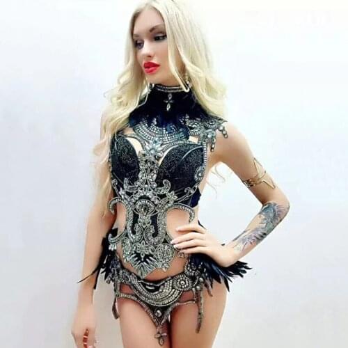 Jazz Dance Costume Rhinestone Dress For Ladies DS Club Bar Dj Singer Dancer Stage Pole Dancing Evening Black White Feather DJ235