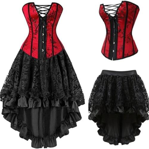 Red Set Steampunk Corset Dress Bustier Gothic Corselet Sexy Corsets Women Lace Party Hot Lingerie Plus Size S 6XL Long Dresses