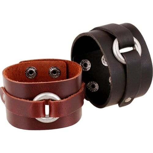 Fashion Punk Vintage Biker Men Cuff Bracelet Alloy Circle Charm Wide Genuine Leather Buckle Bangle Wrap Wristbands Retro Jewelry