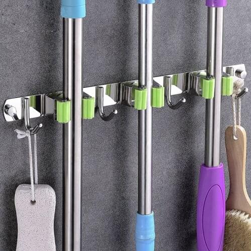 Wall Mounted Mop Organizer Holder Self Adhesive Broom Hooks Hanging Heavy Duty Home Storage Mop Hanger Rack Bathroom Kitchen