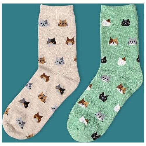 Fashion Warm Women Lovely Cute Cat Print Socks Animal Cartoon Cotton Socks 5 Colors 1 Pair Outfit Spring Fall