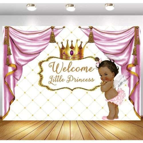 Blush Pink Curtain Welcome Little Princess Newborn Baby Shower Backdrops Headboard Crown Girl Birthday Photography Backgrounds