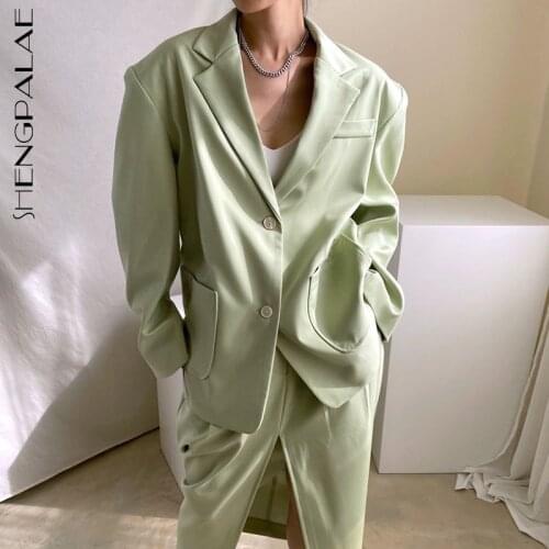 SHENGPALAE Fashion Women Autumn Lapel solid Color Loose Long Sleeve blazer and High Waist Straight Tube Split Skirt 2021 5E2682