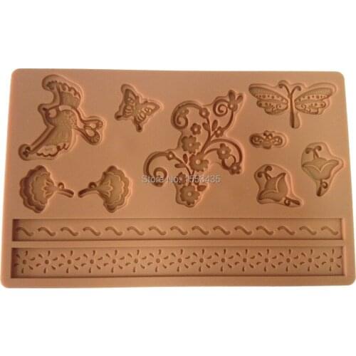 Silicone Mold for Cake Decoration Fondant and Gum Pasta Mould Wilton Style Butterfly Birds Flowers Color Brown