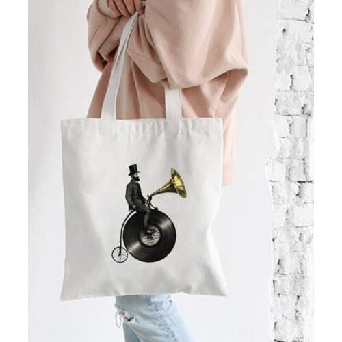 Music Record Printed Women Canvas Shopping Bag Books Bag Hip Hop Female Cotton Cloth Shoulder Bag Reusable Handbag Tote Grocery