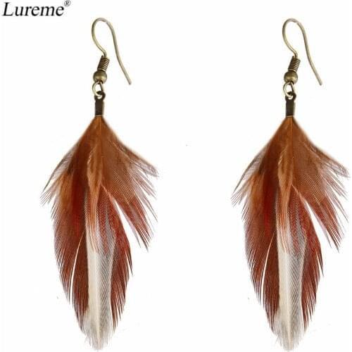 Lureme New Bohemian Handmade Natural Khaki Long Feather Dangle Earrings for Women (er005520)