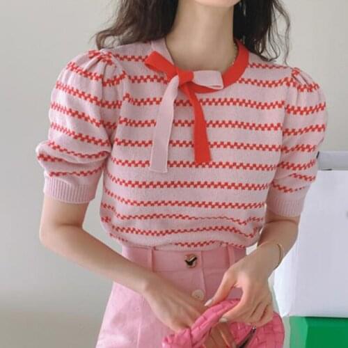 Summer ice silk clothing Korean pullover autumn womens candy bow striped short-sleeved thin sweater