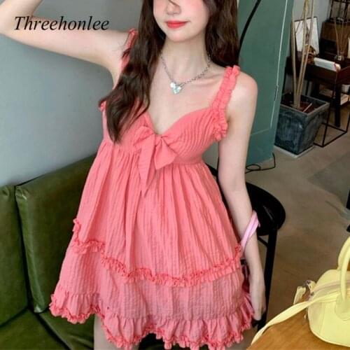 Summer Korean New Sweety College Women Dress Female Kawaii V-Neck Bow Cute Puff Sleeve Ruffles A-Line Mini Princess Dresses