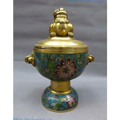 10" China bronze Cloisonne censer fine blue Foo Dogs Lion incense burner Statue