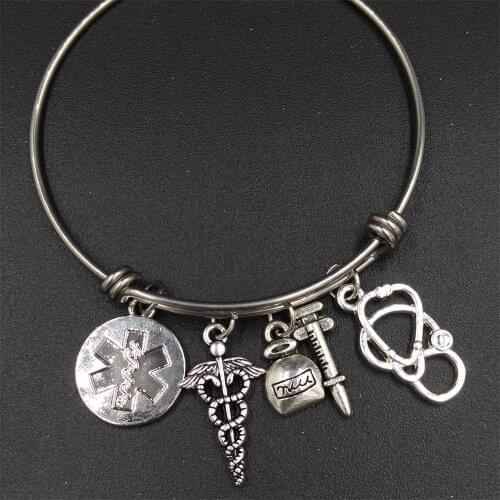 2.5" EMT Emergency Medical Technician Star of Life Caduceus Syringe Charms Stainless Steel Wire Bangle Doctor Nurse Bracelets