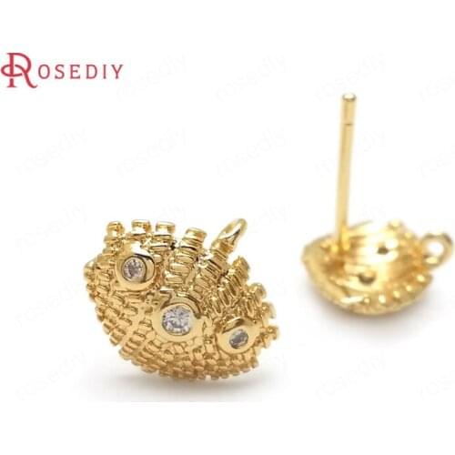 36055)6PCS 11x9MM 24K Gold Color Brass and Zircon SeaShell Stud Earrings High Quality Diy Jewelry Findings Accessories