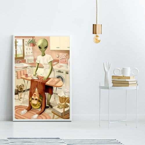 Abstract Retro Alien Ironing Clothes Wall Art Canvas Painting Nordic Posters and Prints Wall Pictures for Living Home Decoration