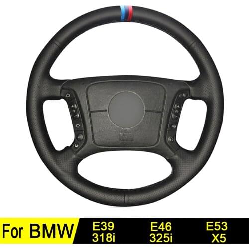 Car Steering Wheel Cover For BMW E46 E39 E53 318i 325i X5 DIY Black Soft Genuine Leather Hand-stitched Wear-resistant