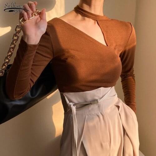Elegant Sexy Slim Tops 2021 Korea Chic Autumn Fashion T-shirt Solid Off Shoulder Irregular Halter Long Sleeve Blouse Blusa 17212