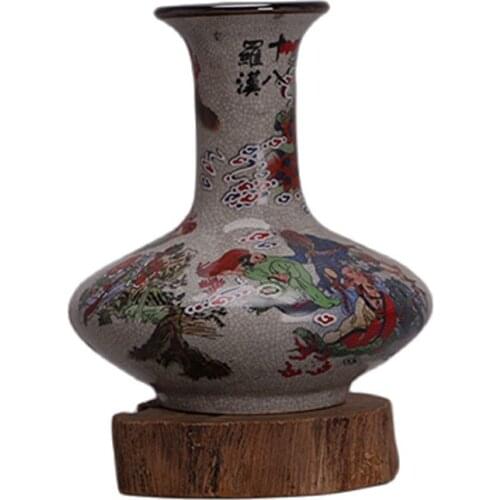 China Old Porcelain Famille Rose 18 Arhat Flat Bottle Cracked Glaze Vase