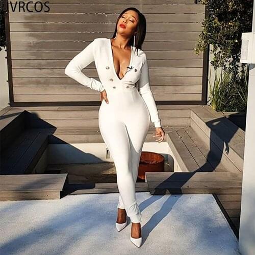 UVRCOS Jumpsuit Women Skinny Solid Color Deep V-Neck Combinaison Femme 2021 Club Overalls Long Sleeve Button Summer Clothes Lady
