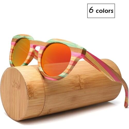Round Wood Bamboo Sunglasses Polarized Lens Iridescence Sun Glass UV400 with Case