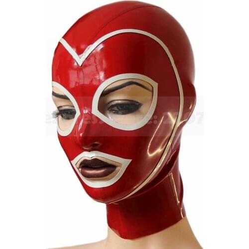 Unisex Latex Rubber Red and White Trims Mask With Eyes Mouth Nostrils Opened Handmade Hood RLM257