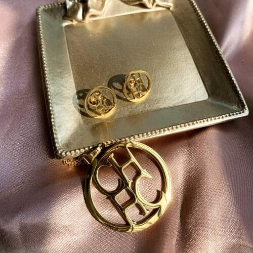 Hot Supply High Quality Openwork Letter CH Set Earrings Linked Design Round Pendant Necklace For Women Men Steel Jewelry