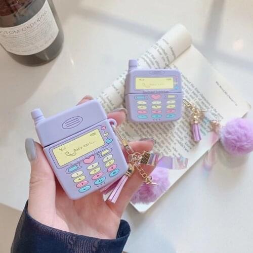 Lovely Purple Classic Mobile Phone Design Earphone Cases with Furball for Airpods Pro Cute Cartoon Covers for Airpods 1/2