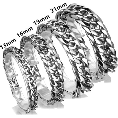 Heavy Hip Hop Men Silver Color 316L Stainless Steel Curb Cuban Link Chain Bracelet Bangle Jewelry 7-11inch 13/16/19/21mm Wide