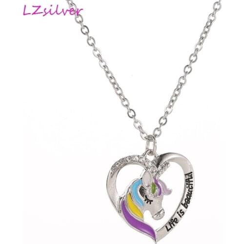 10Pcs/lot New Hot sale Unicorn heart Necklaces Colored Dripping oil horse pendant Necklaces for teenage woman Jewelry gift T-104