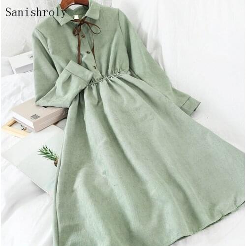 Sanishroly Spring Autumn Women Tie Bow Long Dresses Elastic High Waist A-Line Dress Female Slim Long Sleeve Dress Vestidos SE888