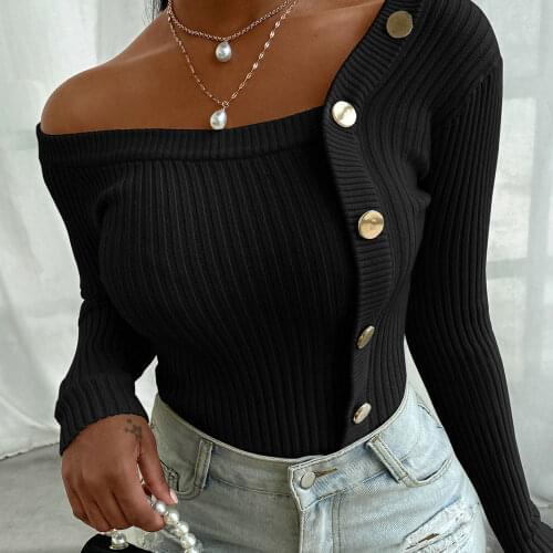 Casual Patchwork Pullover Knitted Sweater Women Off Shoulder Buttons Bodycon Woman Sweaters Winter Jumper Female Elegant Tops