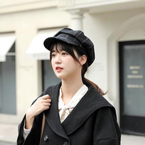 Hat Female Autumn And Winter Korean Version Of The Octagonal Cap British Retro Beret Winter Warm Navy Cap Woolen Lattice Cap