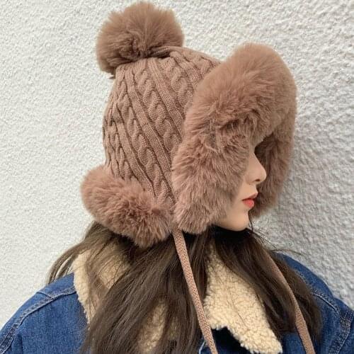 Woolen hat, Womens winter ear protection knitted and woolen hat, snow rabbit fur hat