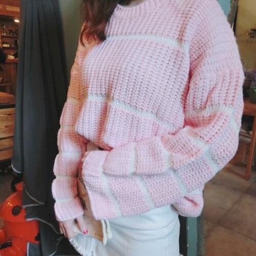 2021 New Women Pink Sweater Korean Sweet Autumn Student Striped Flare Sleeves Sweaters Women Clothing