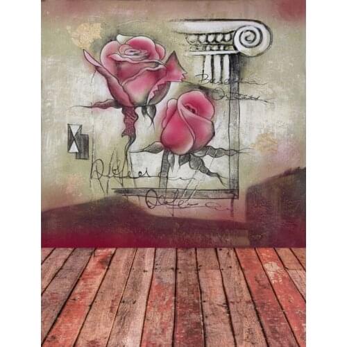 TR Vintage Rose Flower Painting Wall Wood Floor Child Photo Studio Backgrounds for Lovers Wedding Portrait Photography Backdrops