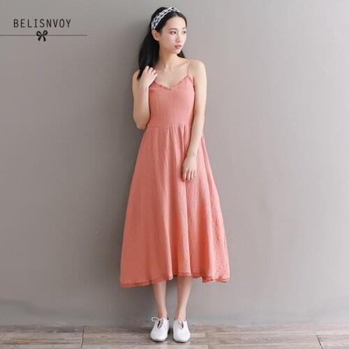 Japanese Summer Women Dresses Spaghetti Strap Lace Cotton Linen Dress Mori Girl Sexy V-neck Dress White Orange Vestidos