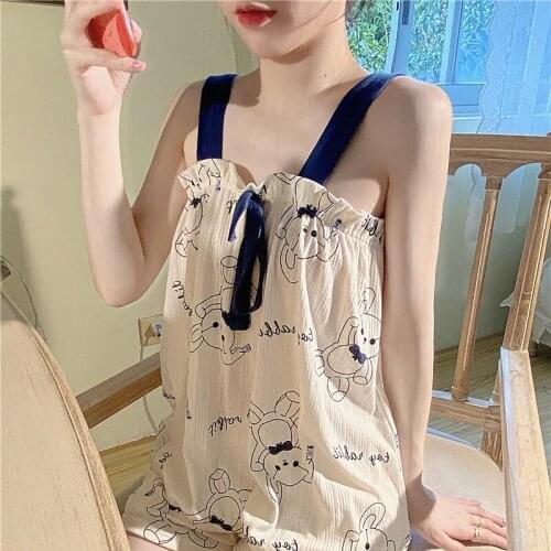 Japanese Cute Cartoon Sling Pajama Shorts Set Women Sweet Girly Summer Thin 2-Piece Set Kawaii Soft Girl Female Casual Home Wear