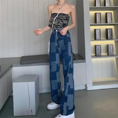 Funny Plaid Womens Fashion Jeans Girls Wide Leg Straight Pants Trousers Female Harajuku Jean Denim Bagge Summer Jeans Femme