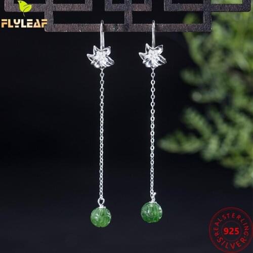 Green Jade Lotus Flower Long Tassel Drop Earrings For Women 925 Sterling Silver Elegant Woman Vintage Jewelry 2021 Trend