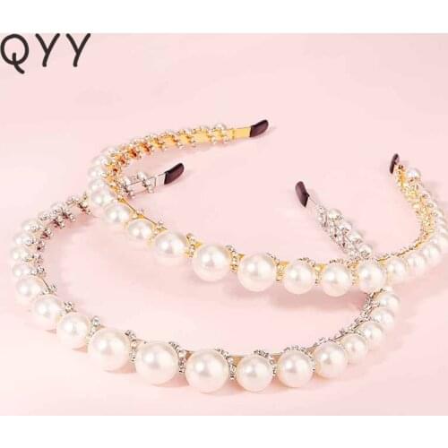 QYY Fashion Pearl Hairband for Women Hair Accessories Rhinestone Headbands Silver Color Hair Jewelry Girls Tiaras and Crowns