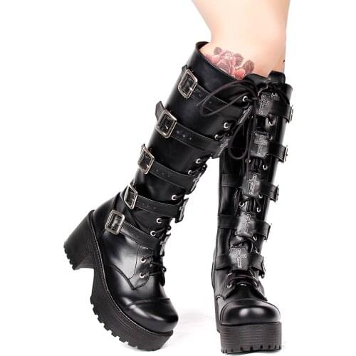Cross Embroider Belt Buckle Stage Knee Boots Black Leather Platform Chunky Heel Thick Sole Booties Woman Round Toe Punk Boots