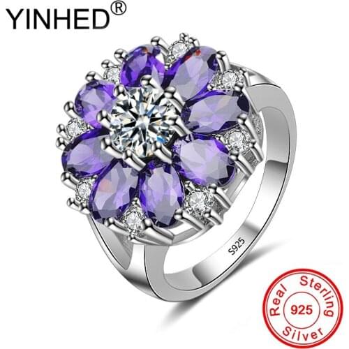 YINHED Big Flower Finger Rings for Women 100% 925 Sterling Silver Purple/Clear AAA Cubic Zircon Wedding Engagement Ring ZR525