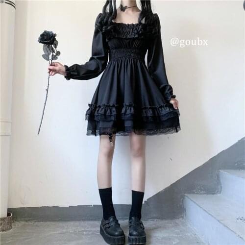 Gothic Dress Lace Puff Sleeve Skirt New 2021 Dress Japan Lolita Style Womens Princess Black Mini Dress Slash Neck High Waist