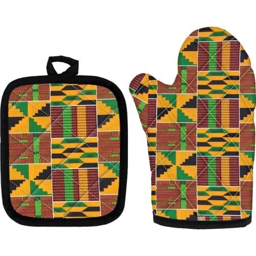 New 1 Pair High Grade African American Ethnic Pattern Kitchen Cooking Microwave Gloves Baking Oven Mitts Insulation Pad Set