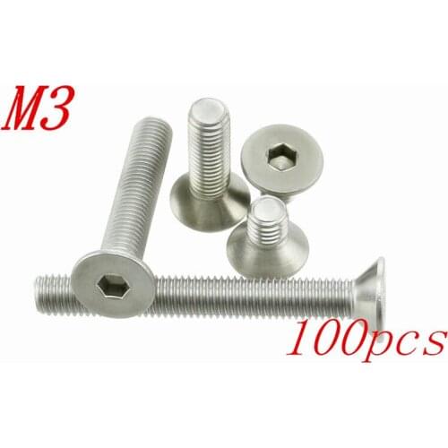 100pcs/Lot Free Shipping M3*4/5/6/8/10/12/14/16/18/20/22/25-50mm Stainless Steel Flat Head Drive Hexagon Socket Cap Screw Bolt