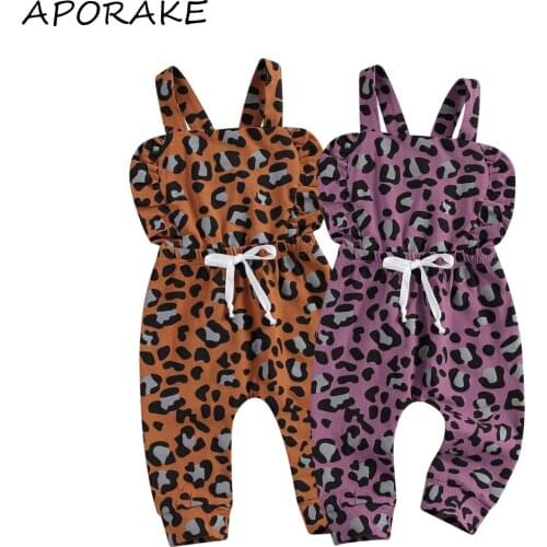 2021 0-3Y Kids Newborn Baby Girl Leopard Print Overalls Romper Baby Sleeveless Ruffle Bow Suspender Trousers with Drawstring