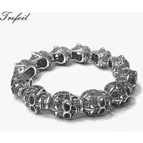 Bracelet Men Strand with Fleur-de-lis Skull Beads, 2018 New Blackened Silver Fashion Jewelry Punk Gift for Men Boy Women Girls