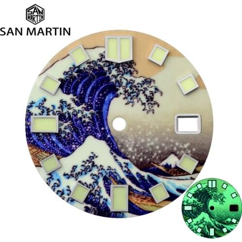 San Martin 28.5mm Kanagawa Surfing Watch Dial 3D Printing Full Luminous Date Window Dial Suitable For NH35/36 4R/6R/7S Movement